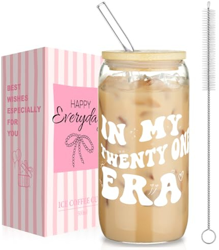 AOOTE Bicchiere In Vetro Da 16 Oz, 500ml Bicchieri con coperchio e Cannuccia, Regali Compleanno 21 anni, con Spazzole Bicchieri, per Acqua, Cocktail, Latte, Milkshake, Succhi, Smoothies, Birra, Caffè