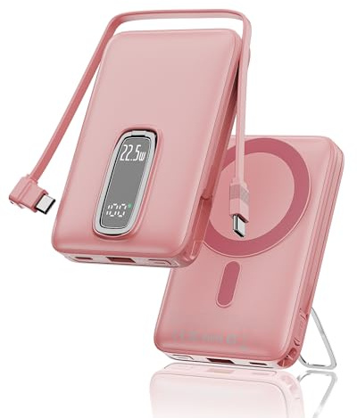 2026 para Magsafe Power Bank con Soporte, Magnética Batería Externa Carga Rapida 10000mAh con Cable USB-C Integrado, Inalámbrica Batería Portatil para iPhone 17 16 15 14 13 12, Rosa