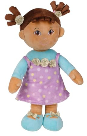 Schlenkerpuppe Sophia, ca. 25cm groß, Stoffpuppe mit braunem Haar, Zwei Zöpfen und lila Kleid mit Applikationen, gestickte Augen, Mund, Nase, Handwäsche, ab 0 Monate+