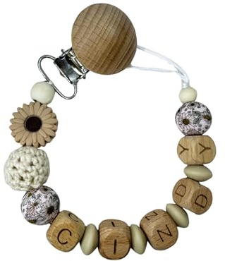 Schnullerkette mit Namen personalisiert – für Jungen & Mädchen aus aus Holz & Silikon, ein perfektes Geschenk zur Geburt oder Taufe inkl. Geschenkebeutel (Modell 1)