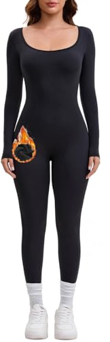 AEEZO Womens Fleece Lined Scoop Neck Long Sleeve Jumpsuit Thermal Sexy Tummy Control Ski Snow One Piece Bodycon Playsuit