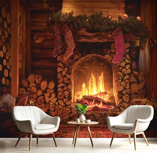 MIATCENRT Papier Peint Muraux Bois Cheminée Décorations De Noël, 350x256cm (L×H) Papier Peint Panoramique, Tableaux Muraux Brun Tapisserie Photo, Mural pour Salon, Chambre, Fond Décor TV