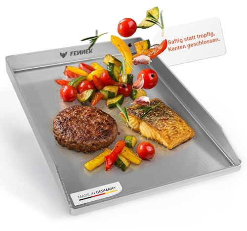 FENNEK Plancha 40 x 30 geschlossen mit verschweißten Ecken | Universelle Teppanyaki Grillplatte passend für viele Gasgrills | 4,0 mm Edelstahl | Spülmaschinenfest | Made in Germany