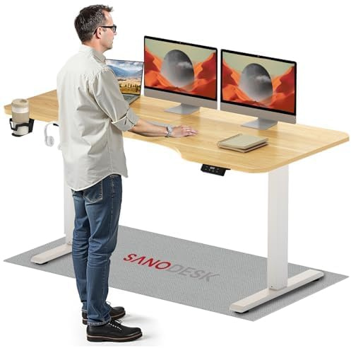SANODESK 160×75CM Electric Standing Desk Height Adjustable Corner Standing Desk with Hooks and Cupholder Sit Stand Table Adjustable Desk with Memory Smart Pannel for Home Office