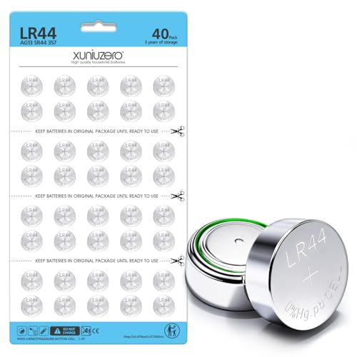 XUNIUZERO LR44 Batteries 40 Count, High Capacity AG13 357 303 SR44 L1154F A76 Premium Alkaline Battery 1.5V Button Coin Cell Batteries