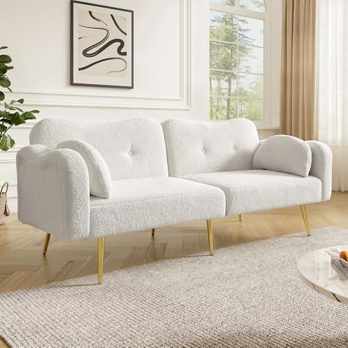 Merax 2-Sitzer-Sofabett mit Schlaffunktion, 3-stufig verstellbare Rückenlehnen, Wolkenarmlehnen, Wollmix, mit 2 Kissen, Metallfüße, Holzrahmen, Stauraum, modernes Wohnzimmermöbel, Weiß