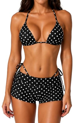 Navneet Women 3 Piece Bikini Set Polka Dot Bikini with Shorts Sexy Bikinis | Triangle Bikini Top String Bikinis Bottoms Ruched Bikinis Shorts Beach Bathing Suits Holidays Outfits Poolside Party