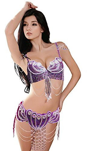 ROYAL SMEELA Gute Qualität und Rabatt Bauchtanz BH Gürtel Damen Bauchtanz Kostüm Set Damen Sexy Flamenco Karneval BH Gürtel Pailletten Tanzkleid