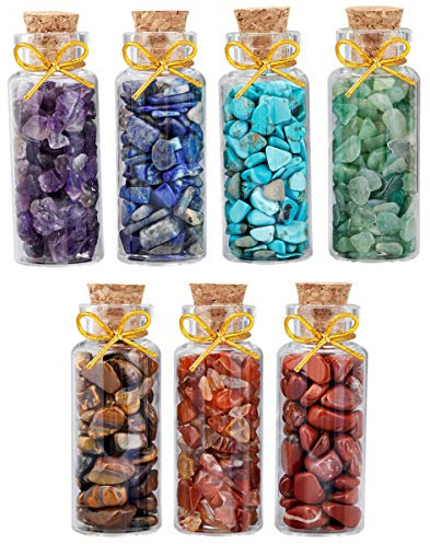 mookaitedecor 7pcs Mini Glass Wishing Bottles Tumbled Gemstone Crystal Chips Healing Reiki Stones Set