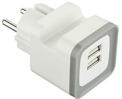 Electraline GummyLine 70071, Mini-Adapter mit 2 USB-Anschlüssen, 2,4A-Ausgang, mit Handyhalter, Schukostecker, Farbe Grau