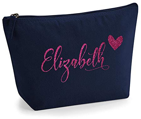 Personalisiert Name Initialen im Herz Design Kosmetiktasche Damen Schminktasche für Handtasche Makeup Tasche mit Texturdruck - Rosa Glitzer - M | Marine Blau