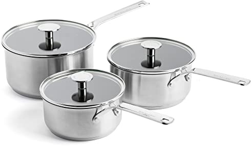 KitchenAid Stainless Steel 3-Layer Non-Stick 16 cm, 18 cm & 20 cm Saucepan Set, Tempered Glass Lids, Multi Clad, Induction, Oven Safe up to 220°C, Silver
