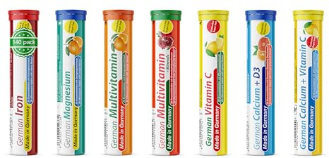 T&D German Vitamin, Minerals - 140 Vegan/Vegetarian Drink Effervescent Tablets - Mixed Fruit Flavor Box - Made in Germany