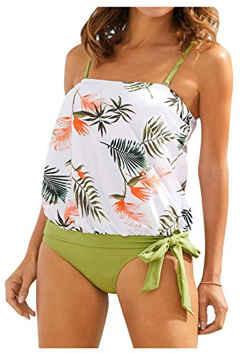 JJPAR Tankini Cache Maillot de Bain Taille Haute Fleuri Femme 2 Pieces Amincissant Gainant Ventre Plat Sexy Impression Bikini Tankini Bustier Shorty Pas Cher Sport Plage Fête Yacht Blanc L