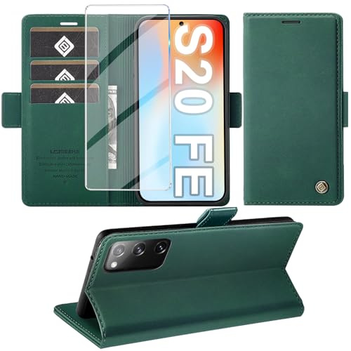 Giyer Handyhülle für Samsung Galaxy S20 FE Hülle mit Schutzfolie, Standfunktion Kartenfach Wallet Premium Leder Schutzhülle S20 FE 4G/5G Flip Case Cover Stoßfeste Klapphülle (Grün)