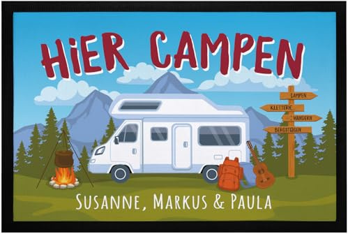 SpecialMe® Fußmatte Camping personalisiert mit Namen Geschenk für Wohnmobilbesitzer Familie rutschfest & waschbarr Schwarz 60x40cm