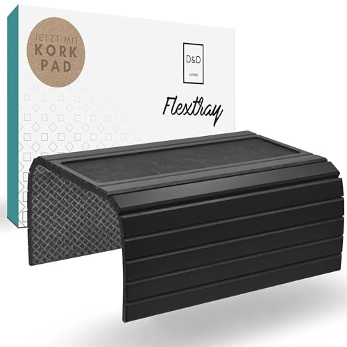 D&D Living® Sofatablett - Couch Ablage flexibel für Armlehne mit Anti-Rutsch Kork Pad | Tablett für Sofa mit 47x34 cm, nachhaltiges Bambus Schwarz Groß