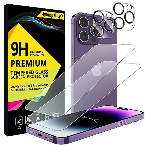 4youquality 4-in-1 for iPhone 14 Pro Max Screen & Camera Lens Protector | 2+2 Pack, Tempered Glass, 9H Hardness, Impact-Resistant, Anti-Scratch, Anti-Shatter, Shatterproof, Ultra-Transparent