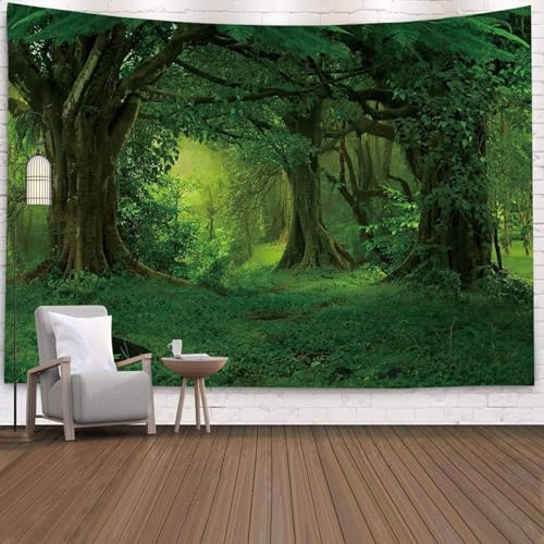 Mesnt Tapisserie Wald, Wandtuch Baum Grün Psychedelisch Dschungel, Wohnzimmer Schlafzimmer Picknickdecke Teppich Yogamatte Wanddeko (240x220cm)