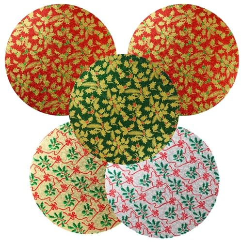 Culpitt Christmas Cake Boards, Classic Holy Design, Red, Green, Gold, Silver Cake 12mm Drums For Festive Treats | 10 Round - 5 Pack