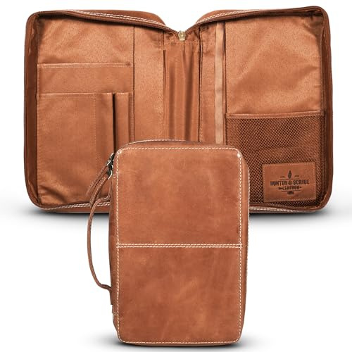 Hunter & Scribe Leather Bibelhüllen für Damen und Herren – genarbtes Büffelleder – Echtleder-Bibelhülle mit Taschen, Reißverschluss und Lesezeichen – Bibelhülle – Buchumschlag – groß hellbraun