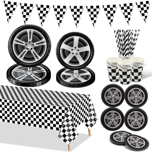 Racing Car Geburtstag Party Dekorationen, Auto-Rad-Party-Zubehör, Pappteller, Reifenservietten, schwarz karierte Tischdecke, Becher, für Kinder-Rennsport-Themengeburtstagsparty, für 20 Personen
