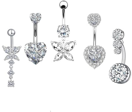 Dyzoxa 5pcs Stainless Steel Belly Ring Set - Hypoallergenic Navel Bars Sterling Silver & Surgical Steel Belly Button Piercing Jewelry