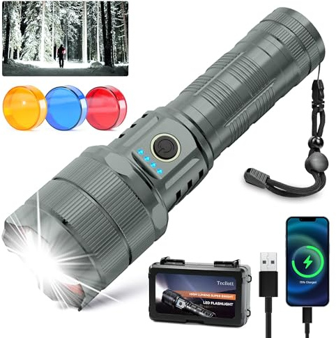 TECBOTT 500000 Lumen LED Taschenlampe USB c Aufladbar Extrem Hell Taktische Starke Hand-Taschenlampen 5 Modi Zoombar Schnelles Aufladen Ipx6 Wasserdicht Für Camping Outdoor Polizei Taschenlampe