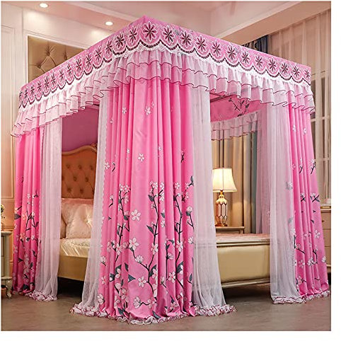 KAZUP Tagesdecke, Moskitonetz, Moskitonetz, 4 Eck-Baldachinvorhänge, rosa Prinzessin, doppelschichtiges Himmelbett, Spitzenbettvorhänge für Doppelbett (Größe: 2 x 2,2 m, Farbe: C)