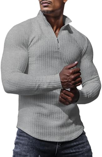 KUYIGO Men's Zipper Polo Shirts Long Sleeve Quarter Zip Casual Slim Fit Mock Neck Waffle T-Shirt for Men M Light Grey