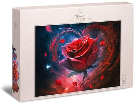 Ulmer Puzzleschmiede - Puzzle „Valentin“ 1000 Teile - effektvolles Herz-Symbol umfasst die Filigrane Rote Rose - das Puzzle zum Valentinstag - Made in Germany