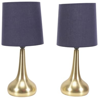 ValueLights | Brushed Gold Teardrop Touch Dimmer Table Lamps with Navy Blue Shade | Home Décor, Bedside & Desk Lamp | Includes Bulb