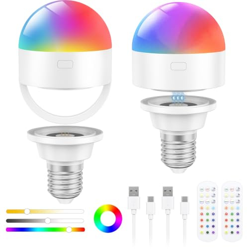 Oumida USB-C Wiederaufladbare Glühbirne mit Fernbedienung, E27 RGB Farben LED Glühbirne mit Batterie, 3W Touch Control Akku Glühbirne Mit Timing-funktion, Notlicht Mit Magnetische (Weiß*2)