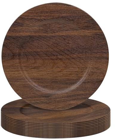 MAONAME Brown Charger Plates Set of 12, Faux Wood Charger for Dinner Plates