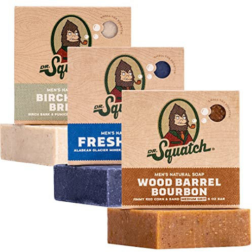 Dr. Squatch All Natural Soap Bar for Men, 3 Bar Variety Pack - Birchwood Breeze, Fresh Falls, Wood Barrel Bourbon