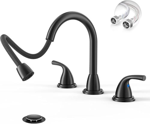 Phiestina BF04008-B11-MB Spültisch-Wasserhahn, 3 Löcher, 2 Griffe, weit verbreiteter ausziehbarer Badezimmer-Wasserhahn, mit Pop-Up-Ablauf und Wasserzufuhrleitung, mattschwarz