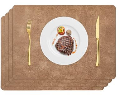 Tischsets Abwaschbar 4er Set Indoor Outdoor, rutschfest Hitzebeständig Platzsets, Kunstleder Platzdeckchen PU Leder, 43x30cm Wasserdicht Tischunterlage für Esstisch Küche (Hellbraun)