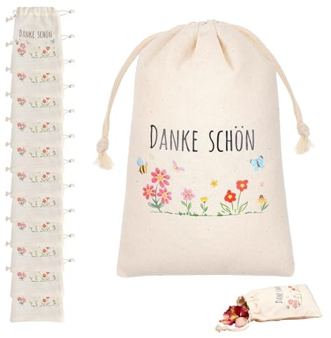 HAYGEM 12 stycken beige jutepåsar liten med tack, tygpåse med dragsko blomma, presentpåsar liten med dragsko, presentorganiserare med dragsko för små tackpresenter
