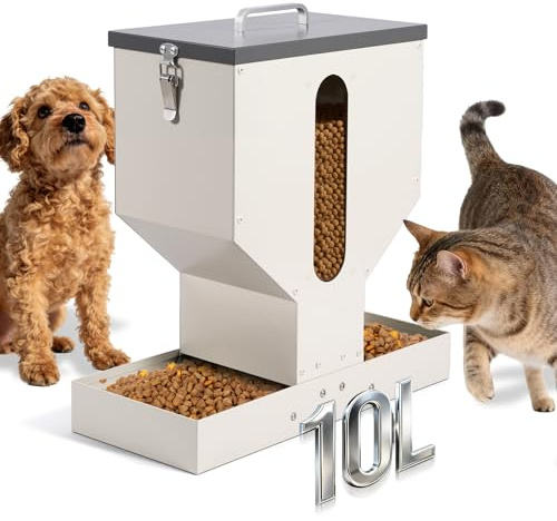 MUYIRTED Dispenser Automatico Cibo Gatti a 2 Ciotole, 10L, Mangiatoia Automatica per Più Gatti e Cani di Piccola Taglia, Tramoggia Metallo, Robusto, Facile da Pulire