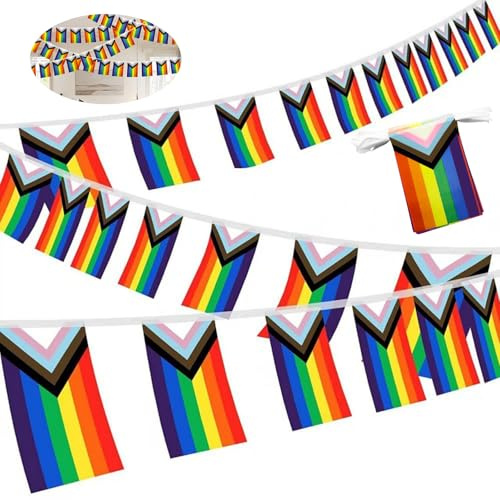 Bandera de orgullo LGBT, banderín arcoíris de alta calidad, con cuerda de 10m, incluye 1 banner y 20 banderas pequeñas, ideal para decoraciones de fiestas y eventos LGBT