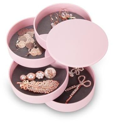 Inmorven 4-lagige drehbare Schmuckschatulle für Frauen & Mädchen - Reise Schmuck Organizer mit Deckel für Ringe, Armbänder, Ohrringe - Kompakte Aufbewahrungsbox, Geschenkidee (Rosa)