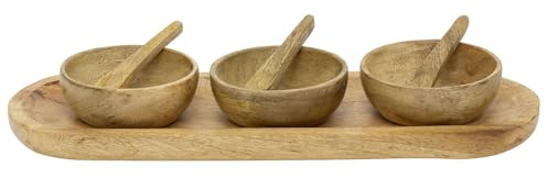 Carousel Home Mango Wood Bowl Set with Tray, 38cm Set of 3 Serving Bowls Spoons and Wooden Tray Snack Dip Serving Platter