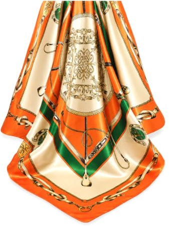 GLORIS Seidenschal Damen 90x90cm – Elegantes Quadratisches Seidentuch | Halstuch Satintuch Bandana Kopftuch Tuch | Geschenk für Damen Mode Accessoires (Orange Grün)