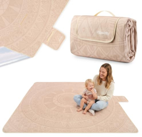 HyperMotion Picknickdecke XXL 200x200 cm Boho wasserfest Beige | XXL Picknickdecke mit wasserfester Unterseite, weichem Fleece und Boho-Mandala für Strand, Park und Camping.