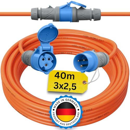 Camping Kabel 40 Meter CEE Verlängerungskabel 40m Außen H07BQ-F 3x2,5 Strom Wohnwagen Landstromanschluss Wohnmobil Caravan Orange Verlängerung Stromkabel Verlaengerungskabel Outdoor