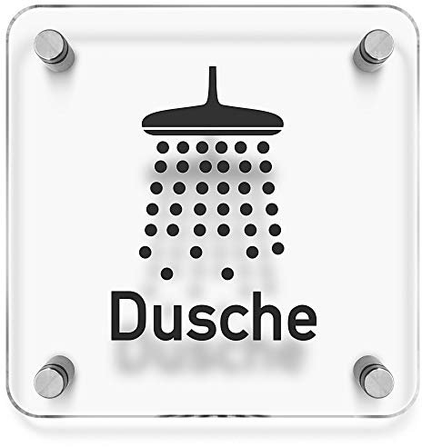 Türschilder24 WC Toiletten Wandschild/Türschild • Dusche 002 • 150 x 150mm. Schild besteht aus hochtransparentem 3mm Acrylglas. Inkl. 4 x Abstandshalter aus V2A Edelstahl