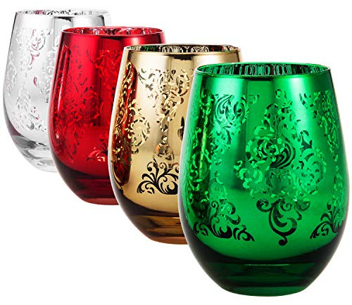 MyGift 4 Piece Stemless Glassware Set, Multicolor Wine Glasses with Etched Baroque Pattern in Mirror Plated Gold Silver Red Green Colors, 16 oz Capacity