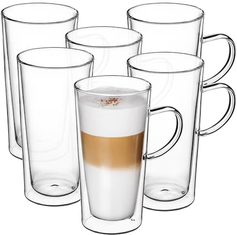 KADAX doppelwandige Gläser 6er Set, 470ml, aus Borosilikatglas mit Henkel und Schwebeeffekt – Trinkgläser für Kaffee, Tee, Saft, Wasser & mehr