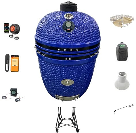 YNNI KAMADO TQTT21BU Kamado Grand gril de 53,3 cm avec distributeur de puces, diviser et conquérir, panier à cendres, couvercle, grille circulaire complète en fonte, céramique, œuf, fumoir, TQ0C21BU