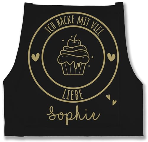 Geschenk mit Namen personalisiert by Shirtracer - Schürze - Backschürze - Ich backe mit viel Liebe I Geschenk Hobbybäcker I Geschenk Backen